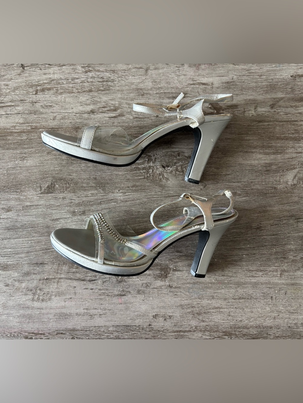 VTG Seventeen Heels Rhinestone Silver Clear Strappy Women 7.5 Y2K 90s Cinderella